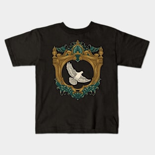 Dove in antique gold frame with engraving drawing style Kids T-Shirt